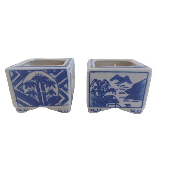 Vintage Set of 2 Delft Blue Trinket Holders Porcelain Hand Painted 3x3" Oriental - Picture 4 of 6